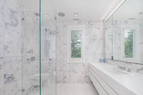 Bathroom, Glass Shower, Interior, Marble, Marble Walls, Recessed Lighting