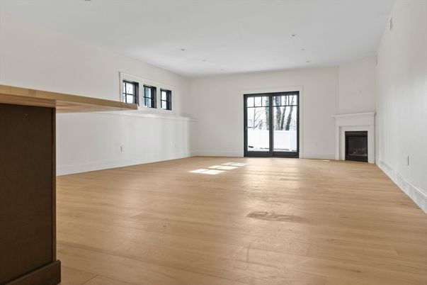 Empty room, Fireplace, Interior, Recessed Lighting, Wood Texture Flooring