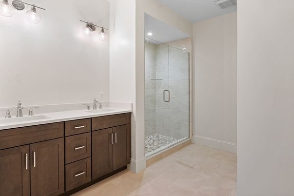 Bathroom, Dual Sink Vanities, Glass Shower, Interior, Recessed Lighting