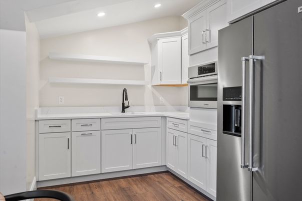 Interior, Kitchen, Recessed Lighting, Stainless Steel Appliances, Wood Texture Flooring