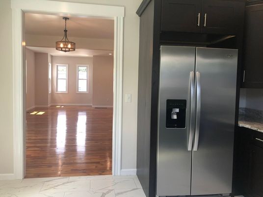 Chandelier, Interior, Kitchen, Marble, Pendant Lights, Stainless Steel Appliances, Wood Texture Flooring