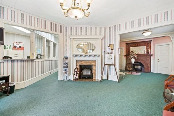 Chandelier, Fireplace, Interior