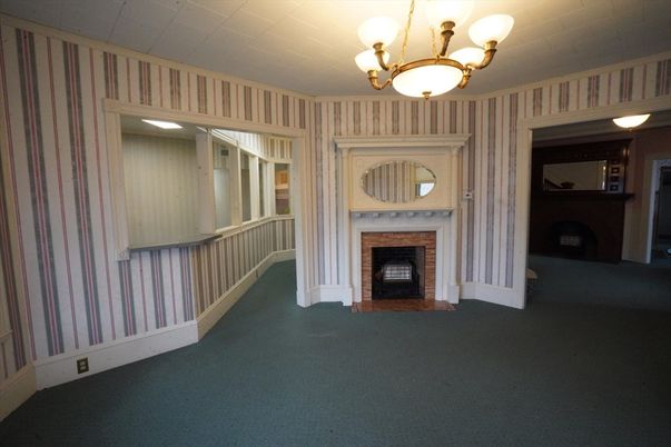 Chandelier, Fireplace, Interior