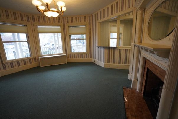 Chandelier, Empty room, Fireplace, Interior, Wood Texture Flooring