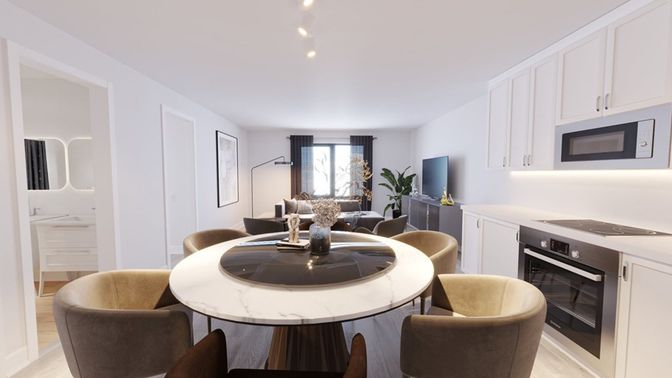 Dining room, Interior, Kitchen, Recessed Lighting, Wood Texture Flooring