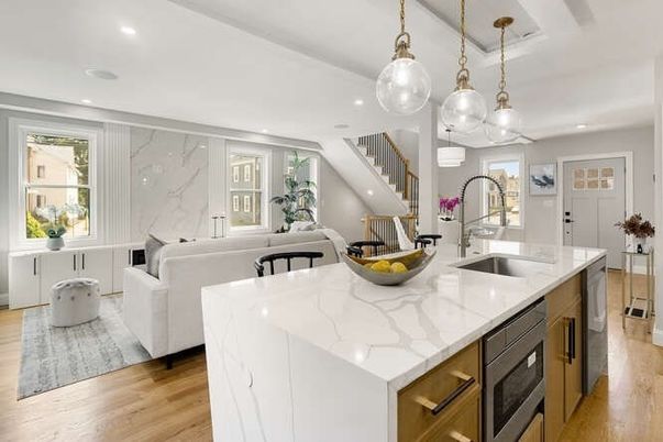Interior, Kitchen, Living room, Marble Walls, Pendant Lights, Recessed Lighting, Stainless Steel Appliances, Wood Texture Flooring