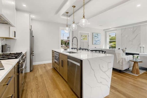 Interior, Kitchen, Marble Walls, Pendant Lights, Recessed Lighting, Stainless Steel Appliances, Wood Texture Flooring