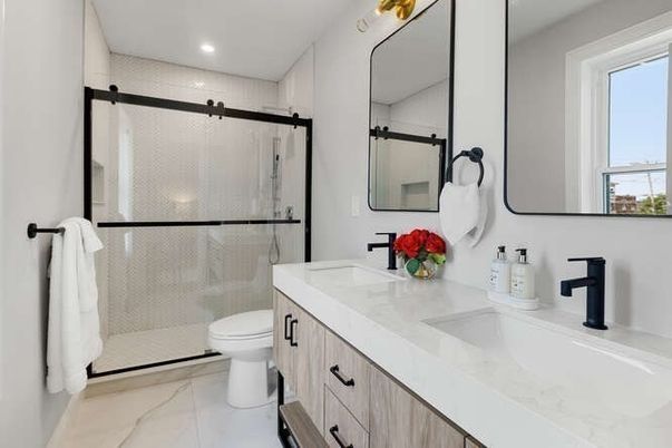 Bathroom, Dual Sink Vanities, Glass Shower, Interior, Marble, Recessed Lighting