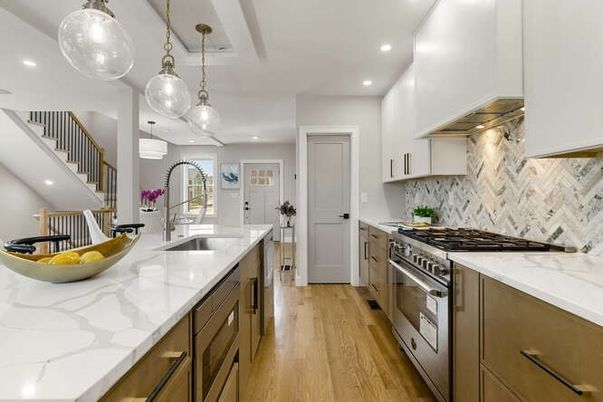 Interior, Kitchen, Pendant Lights, Recessed Lighting, Stainless Steel Appliances, Wood Texture Flooring