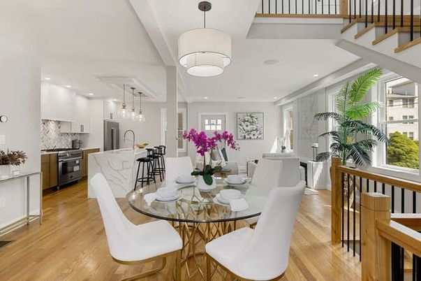 Dining room, Interior, Kitchen, Pendant Lights, Recessed Lighting, Stainless Steel Appliances, Wood Texture Flooring