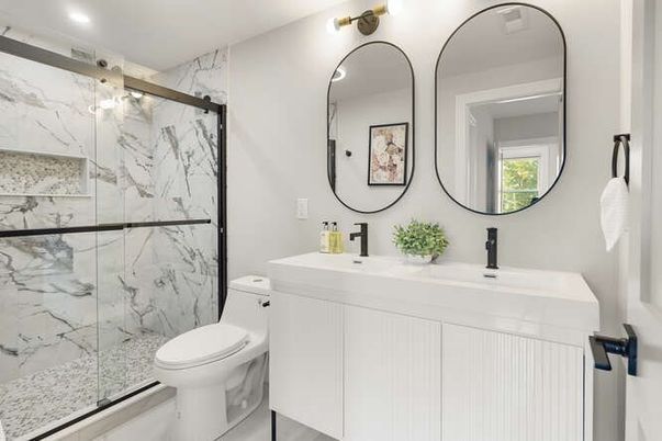 Bathroom, Dual Sink Vanities, Glass Shower, Interior, Marble Walls, Recessed Lighting