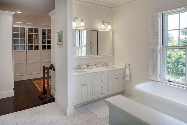 Bathroom, Dual Sink Vanities, Interior, Marble, Recessed Lighting, Wood Texture Flooring