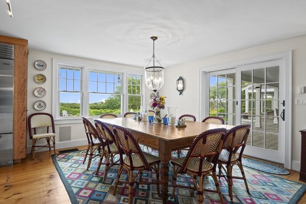 Dining room, Interior, Pendant Lights, Wood Texture Flooring