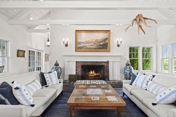 Fireplace, Interior, Living room, Pendant Lights, Wood Texture Flooring