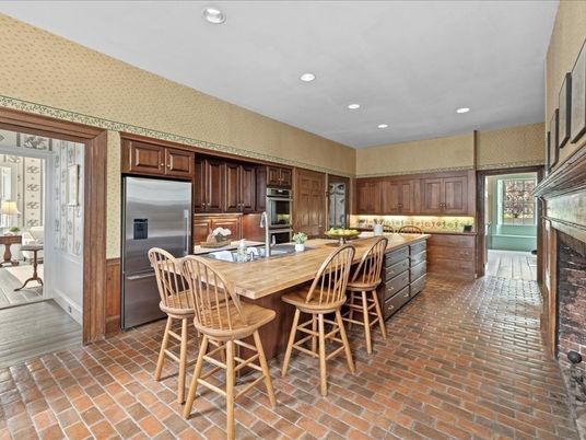 Fireplace, Interior, Kitchen, Recessed Lighting, Stainless Steel Appliances