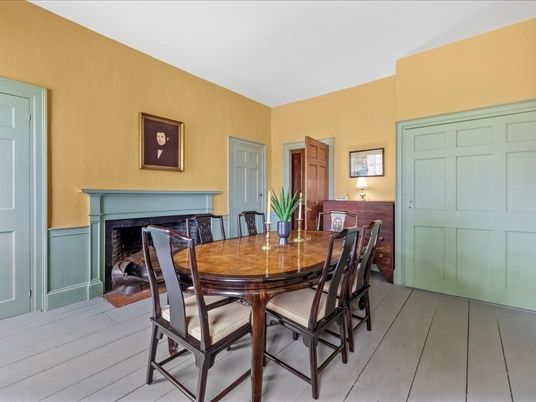 Dining room, Fireplace, Interior, Wood Texture Flooring