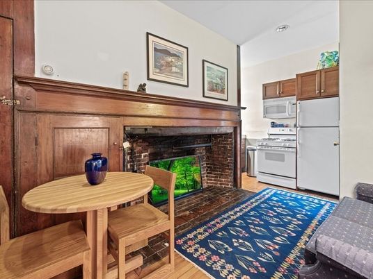 Dining room, Fireplace, Interior, Kitchen, Wood Texture Flooring