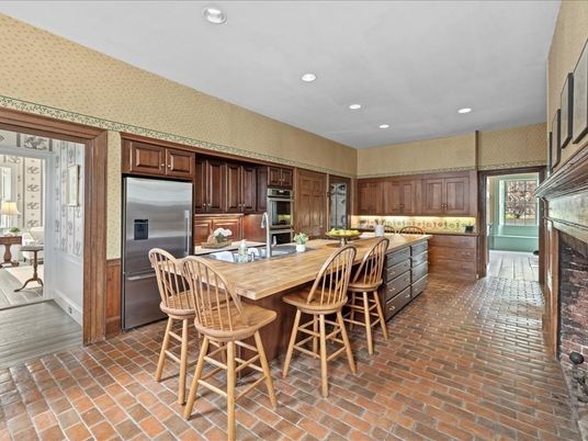 Fireplace, Interior, Kitchen, Recessed Lighting, Stainless Steel Appliances