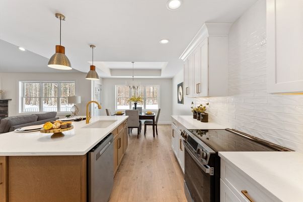 Dining room, Interior, Kitchen, Pendant Lights, Recessed Lighting, Stainless Steel Appliances, Wood Texture Flooring