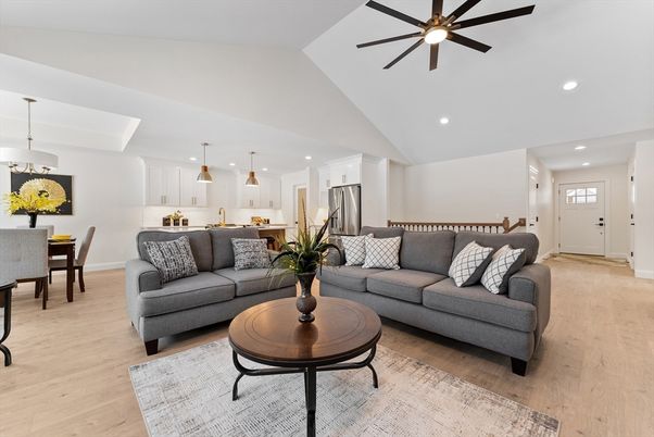 Dining room, Interior, Kitchen, Living room, Pendant Lights, Recessed Lighting, Stainless Steel Appliances, Wood Texture Flooring