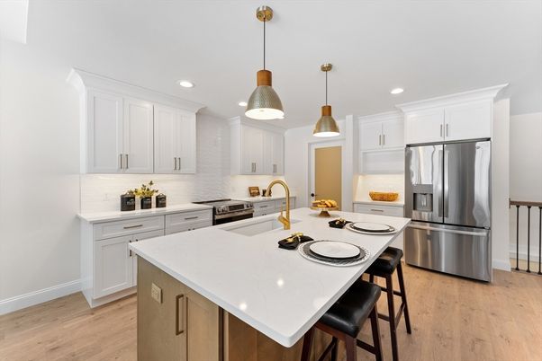 Interior, Kitchen, Pendant Lights, Recessed Lighting, Stainless Steel Appliances, Wood Texture Flooring