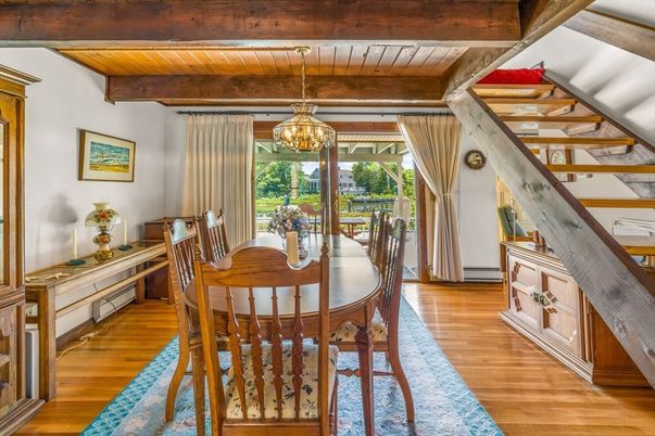 Dining room, Interior, Pendant Lights, Wooden Beams, Wooden Ceilings, Wood Texture Flooring