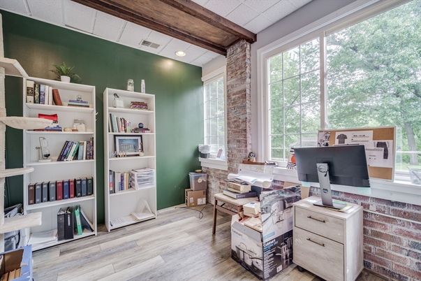 Home Office, Interior, Recessed Lighting, Stone Walls, Wooden Beams, Wood Texture Flooring