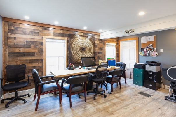 Home Office, Interior, Recessed Lighting, Wood Texture Flooring, Wooden Walls