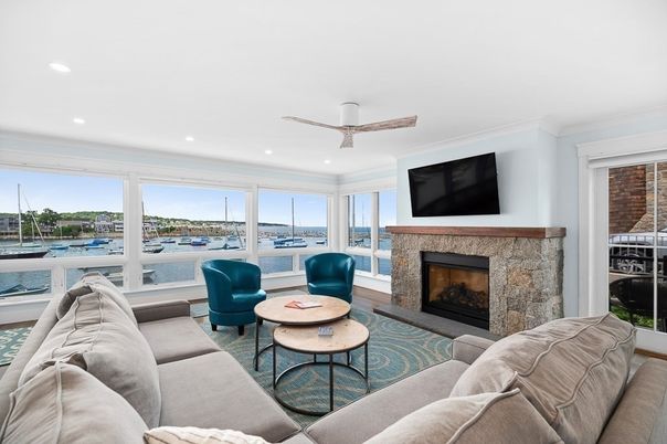 Fireplace, Interior, Living room, Recessed Lighting, Water, Wood Texture Flooring