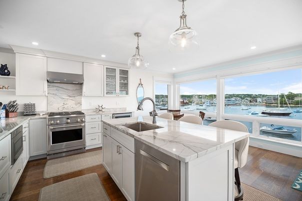 Interior, Kitchen, Pendant Lights, Recessed Lighting, Stainless Steel Appliances, Water, Wood Texture Flooring