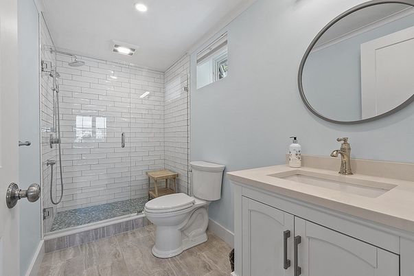 Bathroom, Glass Shower, Interior, Recessed Lighting, Wood Texture Flooring