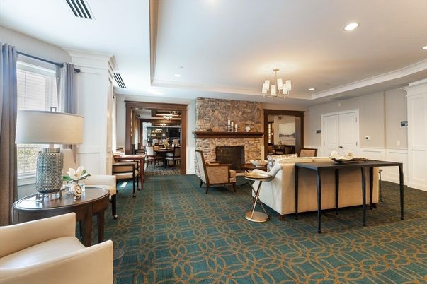 Chandelier, Dining room, Fireplace, Interior, Living room, Recessed Lighting, Stone Walls