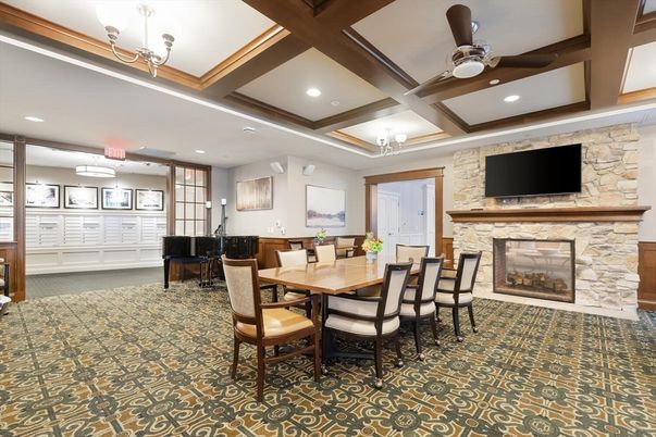 Dining room, Fireplace, Interior, Piano, Recessed Lighting, Stone Walls, Wooden Beams