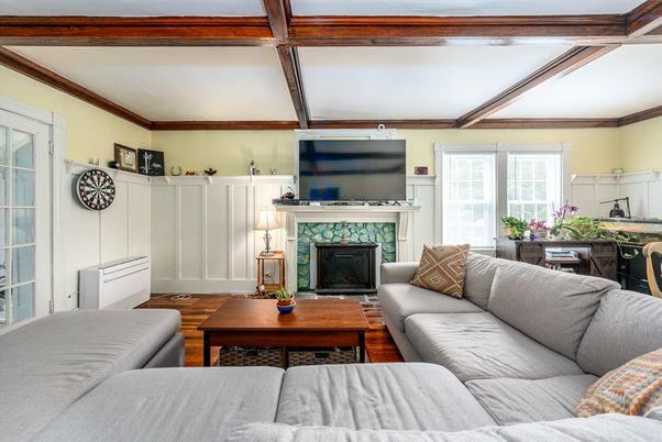 Fireplace, Interior, Living room, Wooden Beams, Wood Texture Flooring