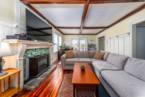 Fireplace, Interior, Living room, Wooden Beams, Wood Texture Flooring
