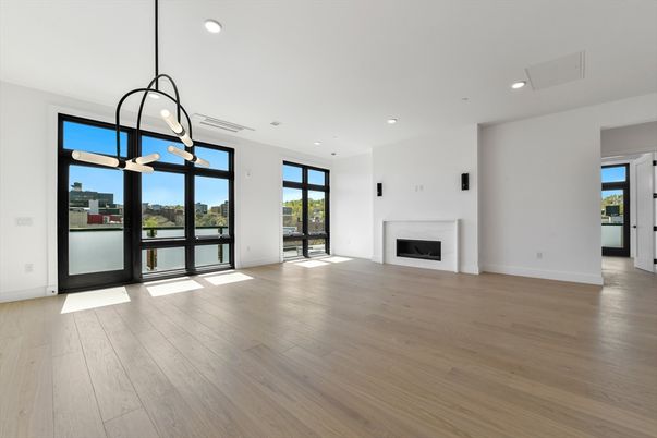Empty room, Fireplace, Interior, Pendant Lights, Recessed Lighting, Wood Texture Flooring