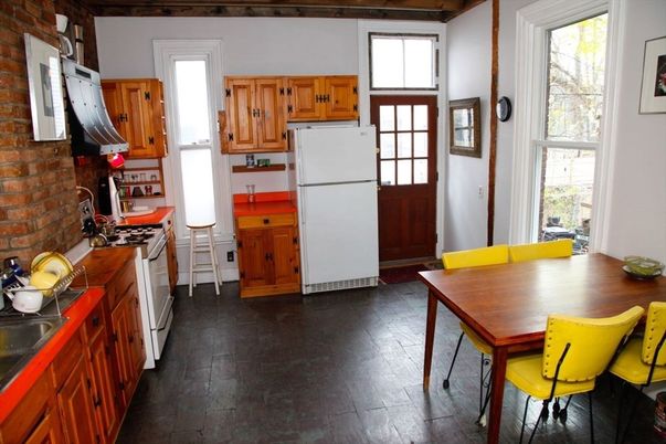 Interior, Kitchen, Stone Walls, Wood Texture Flooring