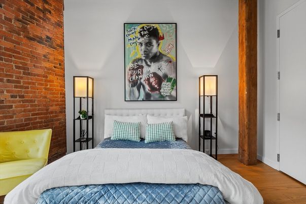 Bedroom, Interior, Stone Walls, Wood Texture Flooring