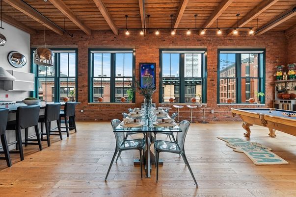 Billiard Table, Game Room, Interior, Pendant Lights, Stone Walls, Wooden Beams, Wooden Ceilings, Wood Texture Flooring