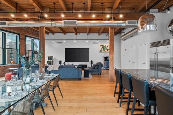 Dining room, Interior, Kitchen, Living room, Pendant Lights, Stainless Steel Appliances, Wooden Beams, Wooden Ceilings, Wood Texture Flooring
