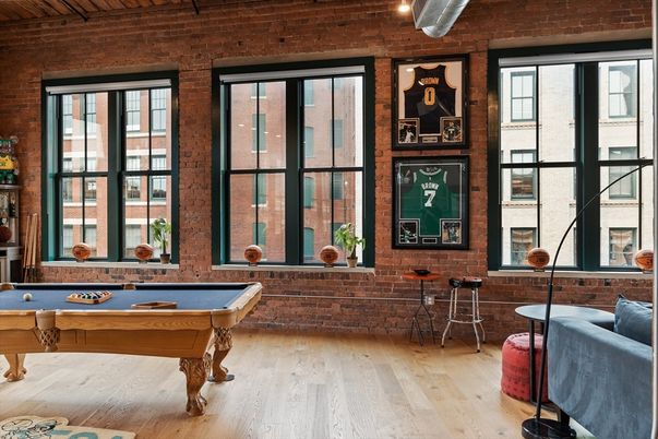 Billiard Table, Game Room, Interior, Stone Walls, Wood Texture Flooring