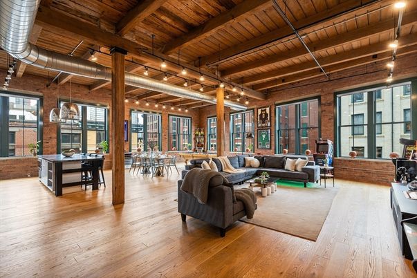 Dining room, Interior, Living room, Pendant Lights, Stone Walls, Wooden Beams, Wooden Ceilings, Wood Texture Flooring