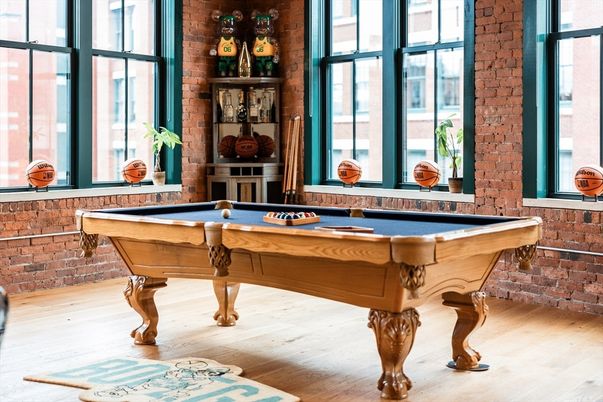 Billiard Table, Game Room, Interior, Stone Walls, Wood Texture Flooring