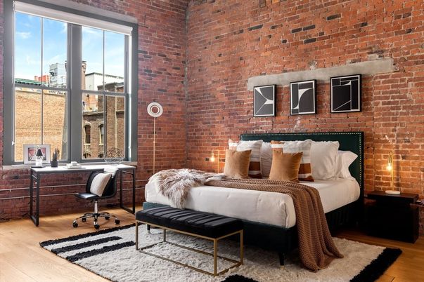 Bedroom, Home Office, Interior, Stone Walls, Wood Texture Flooring