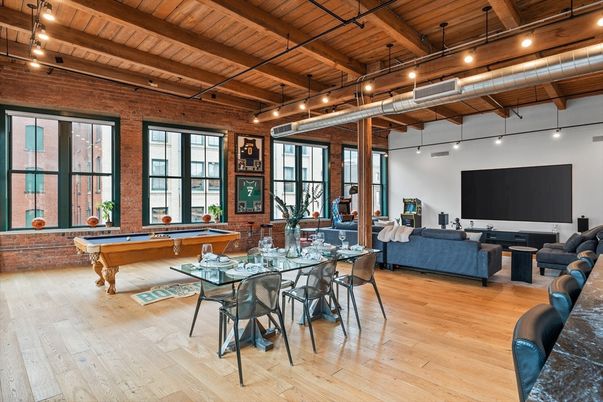 Billiard Table, Game Room, Interior, Living room, Pendant Lights, Wooden Beams, Wooden Ceilings, Wood Texture Flooring