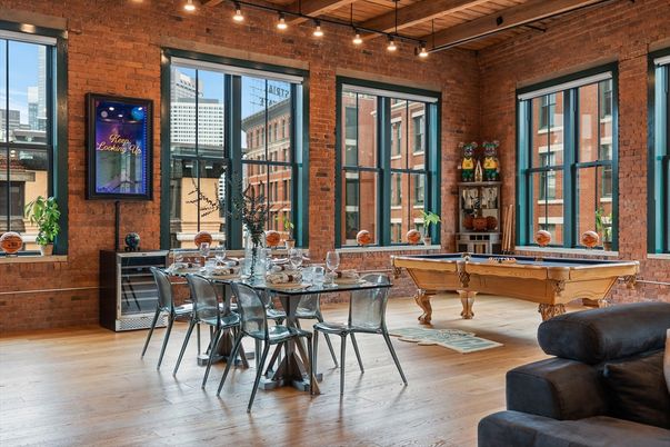 Billiard Table, Dining room, Game Room, Interior, Stone Walls, Wooden Beams, Wood Texture Flooring