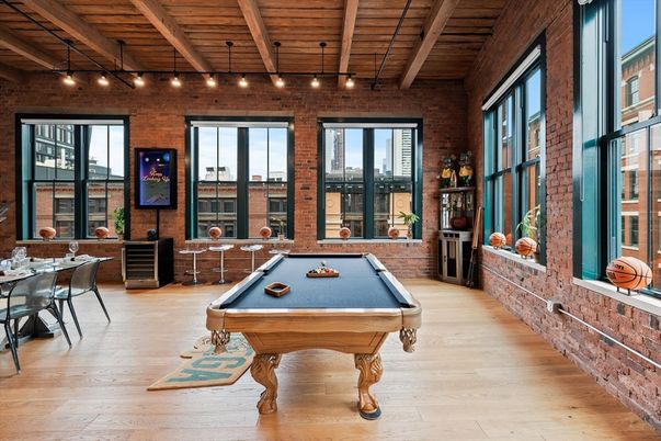 Billiard Table, Game Room, Interior, Stone Walls, Wooden Beams, Wooden Ceilings, Wood Texture Flooring