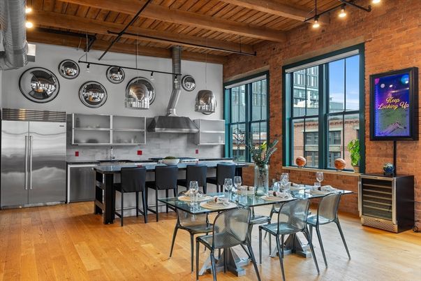 Dining room, Interior, Kitchen, Pendant Lights, Stainless Steel Appliances, Stone Walls, Wooden Beams, Wooden Ceilings, Wood Texture Flooring