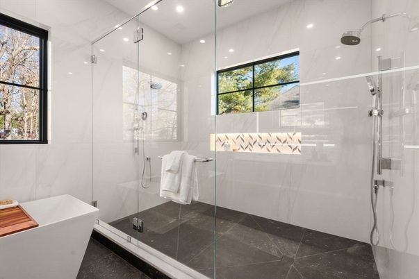 Bathroom, Free Standing Baths, Glass Shower, Interior, Marble Walls, Recessed Lighting