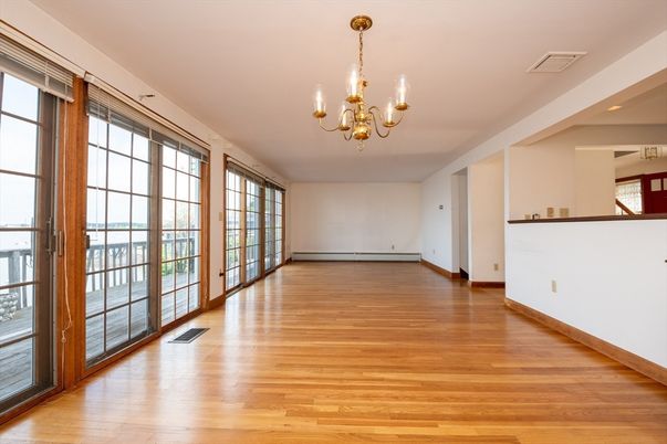 Chandelier, Empty room, Interior, Recessed Lighting, Wood Texture Flooring